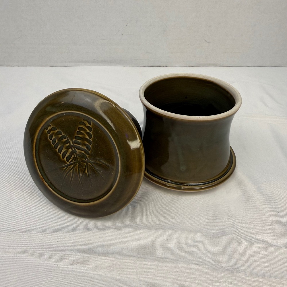 Handmade Stoneware French Butter Crock Olive Green Pinecone Glazed Pottery Set